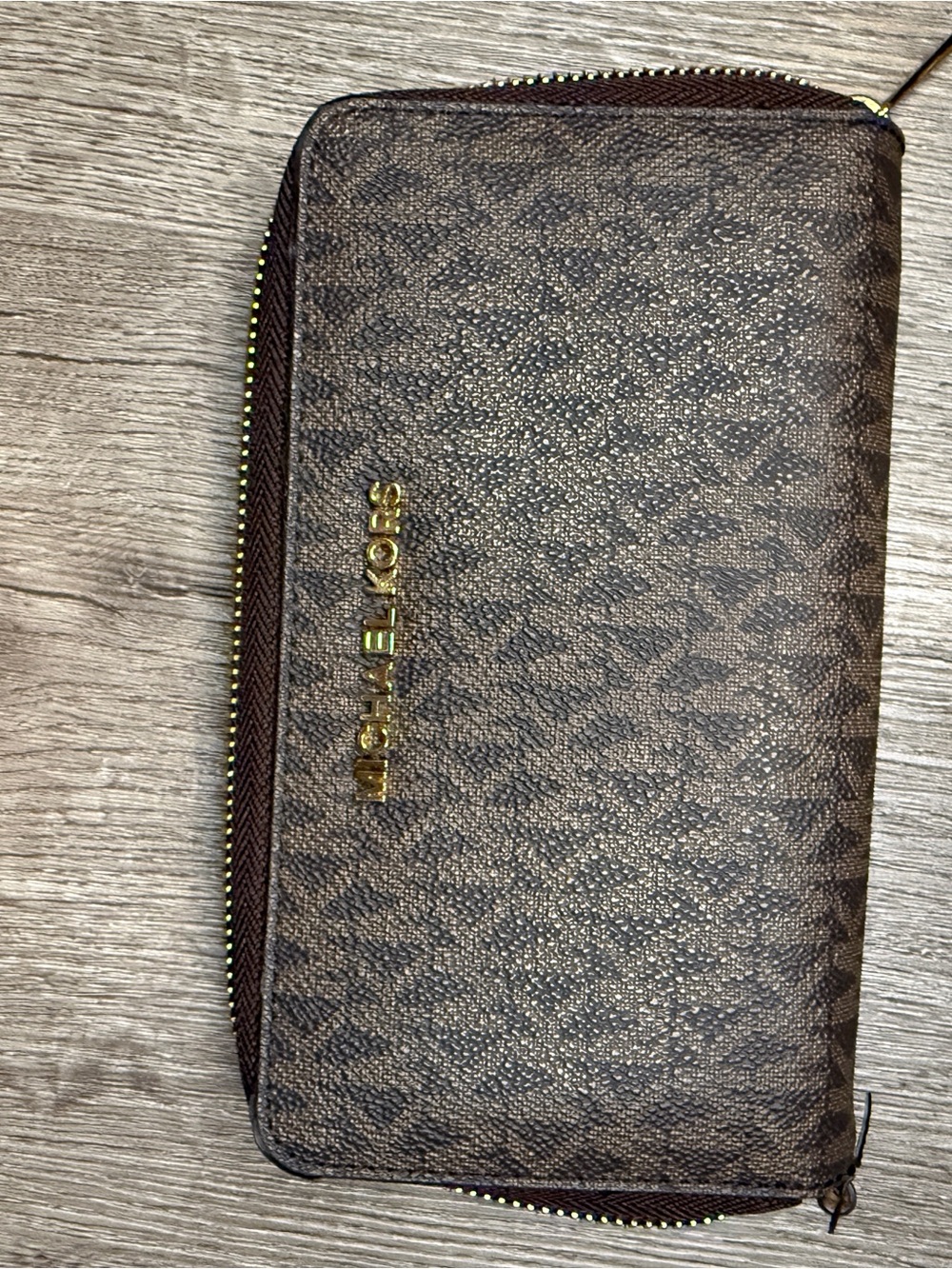 Michael Kors Brown Logo-Print Zip Wallet with Gold Hardware
